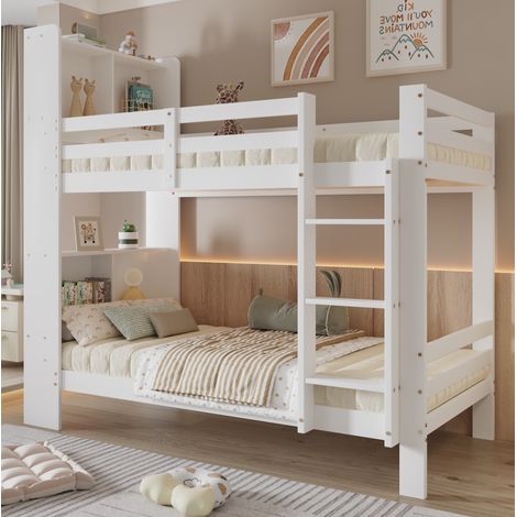 Letto a castello in legno massello e MDF bianco, 90x200 cm, con testiera e scaletta a 3 gradini. (1/5)