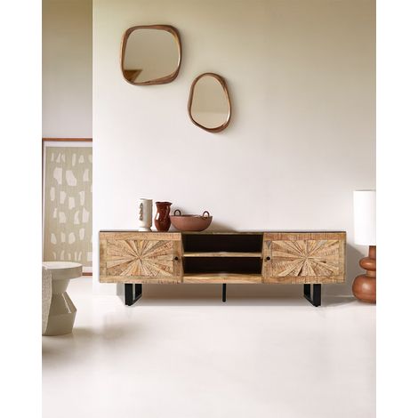 Sunet - Meuble TV en bois massif de manguier et marbre blanc 160 cm (1/5)