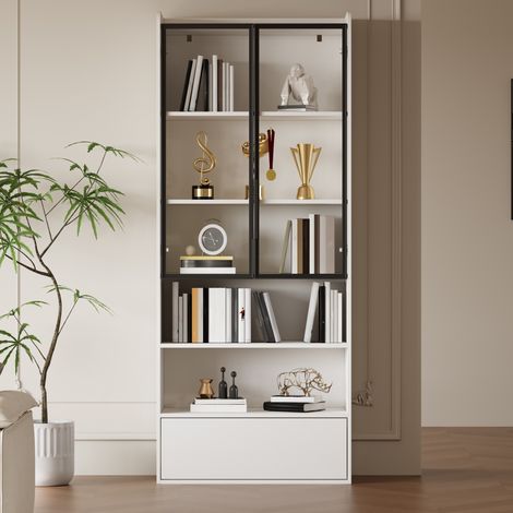 Vitrina 80x34x180 cm, con LED controlado por app y 1 cajón, puertas de vidrio, MDF y vidrio blanco (1/5)