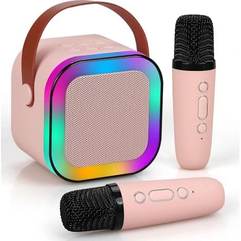 Mini machine de karaoké pour enfants et adultes, enceinte Bluetooth portable avec 2 microphones sans fil, cadeau idéal pour les fêtes d'anniversaire (rose). (1/5)