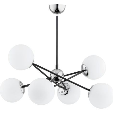 Alfa SAGITO 6-Light Ceiling Lamp Chandelier, Black/Chrome Metal with White Glass Shades, E14 (6x40W max), 55x60x62 cm, IP20, Modern Light for Living & Dining Rooms