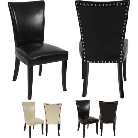 Lot de 2 chaises de salle à manger Chesterfield av rivets - similicuir brun foncé, pieds foncés (1/3)