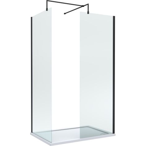 8mm Glass Walk In Wetroom Screens with Matt Black Profile and White Shower Tray - 1200 x 700mm