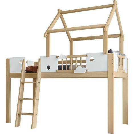 Lit mezzanine enfant bois massif + MDF blanc et naturel 90x200 cm, design toit, échelle inclinée 3 marches, barrières (1/5)