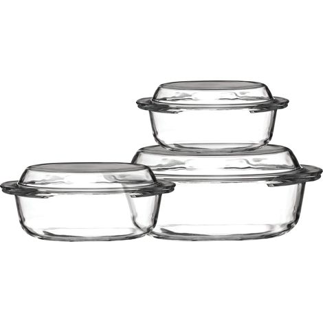 Set de 3 Cocottes Verre Trempé avec des Couvercles 0,7/1/1,5 L