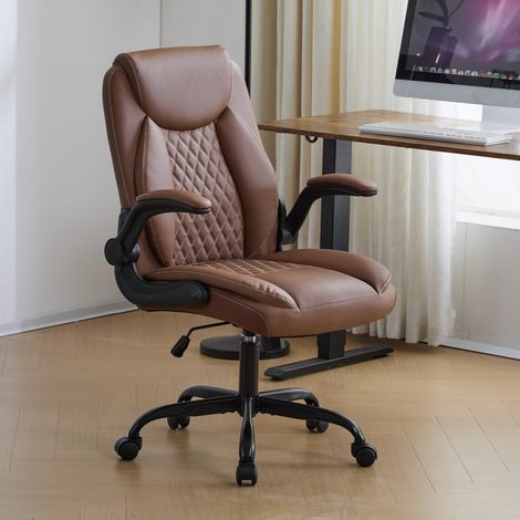 Chaise de bureau à roulettes confortable, siège aspect cuir avec coussin dossier, dimensions 64x64x102‑112 cm, usage domestique, marron (1/5)
