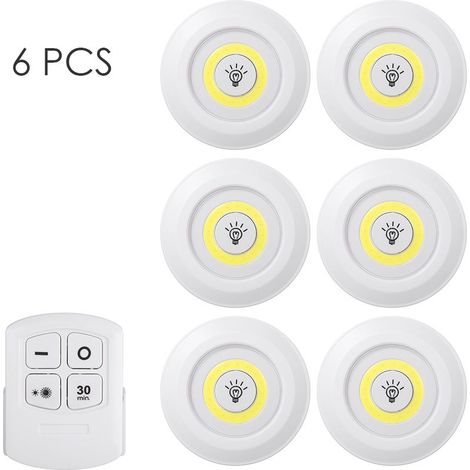 veilleuse-Pack de 6 lampes LED COB sans fil avec télécommande – Réglage luminosité/timer – Pour placards, escaliers, portes (installation facile, piles AAA) (1/5)