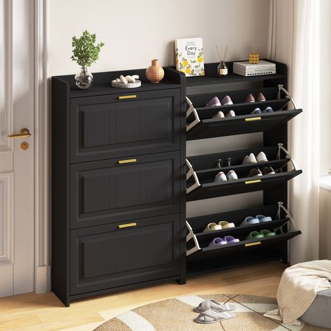 Scarpiera in MDF e truciolare nera, set 2 pezzi, 70 x 24 x 120 cm, 3 ante a ribalta, 6 scomparti