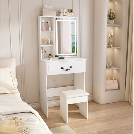 Tocador blanco con espejo LED regulable, almacenaje oculto y taburete acolchado OKMYHOME (1/5)