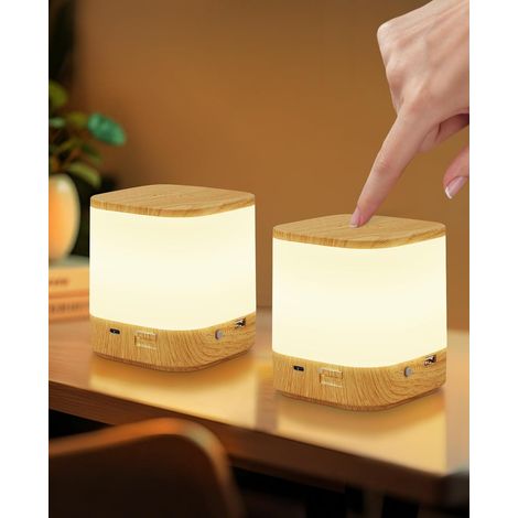 GBLY Lámpara de noche LED de madera táctil regulable(paquete de 2): lámpara de mesa con batería de 1800 mAh, recargable por USB, inalámbrica, con 3 temperaturas de color y temporizador (1/5)