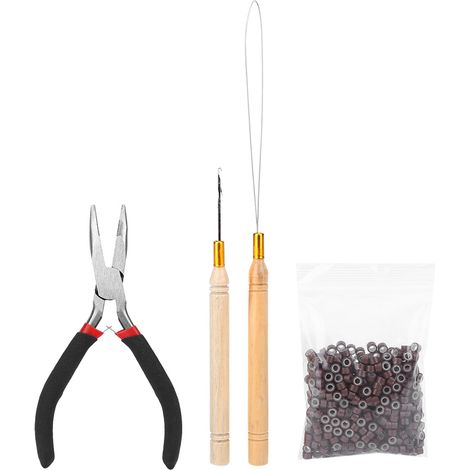 4-teiliges Haarverlängerungsset mit Ziehnadel, Haken und Verbindungsclip, inklusive 500 braunen Mikroringen. (1/5)