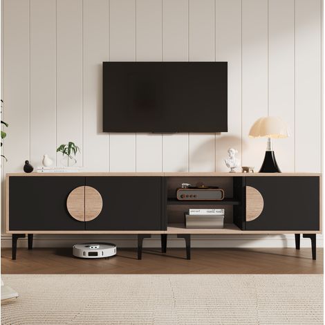 TV-Lowboard aus Spanplatte in Eiche-Schwarz, 180 x 35 x 49 cm, 3 Schränke, 2 offene Fächer, bis 80 Zoll (1/5)