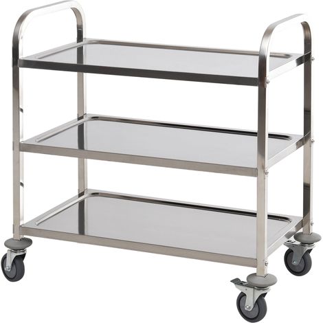 Chariot de cuisine 3 étagères ouvertes 4 roues omnidirectionnelles avec 2 freins, coussinets anti-collision en acier inoxydable 430 argent 90,5x50,5x88,2cm (1/5)
