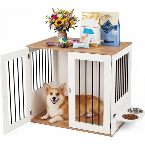 Pour chien alimentation facile sans ouverture cage meuble d'intérieur avec double verrou et bols inox blanc (1/5)