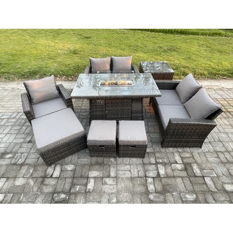 Fimous 8-Sitzer Rattan Gartenmöbel im Freien Gas Feuerstelle Tisch Sets Gasheizgerät mit Liebes-Sofa Stuhl 3 Hocker Beistelltische Dunkelgrau Gemischt (1/5)