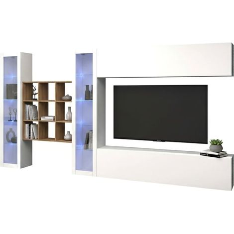 Dmora - Pared Equipada Dfancon, Conjunto de salón Mueble TV con 4 puertas, Mueble de salón polivalente con vitrina y luz LED, 100% Made in Italy, cm 350x30h180, Blanco brillo