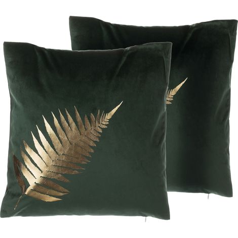 Conjunto de cojines decorativos de terciopelo verde 45 x 45 cm estampado de hoja con lámina dorada decoración moderna Fern