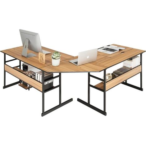 170 x 150 x 75 cm Bureau d'angle en L avec plateau inclinable, étagères ouvertes et support CPU pour bureau (1/5)