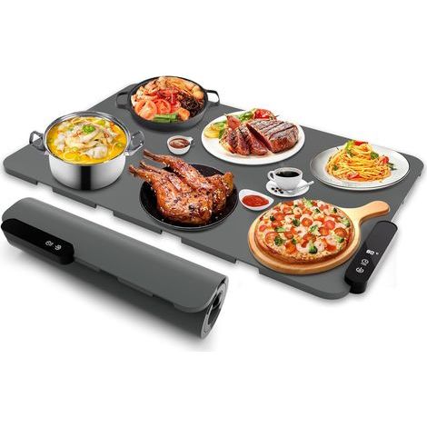Plateau chauffant électrique enroulable avec 5 températures et 6 réglages de minuterie - Chauffage rapide - Pour fêtes, buffets, voyages (gris) (1/5)