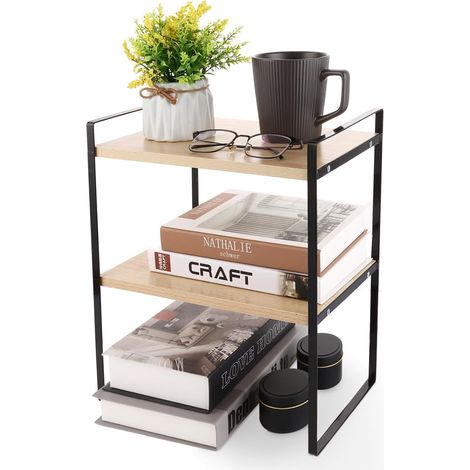 Étagère de bureau, étagère de cuisine, mini étagère à 2 niveaux pour bureau, commode de cuisine, plan de travail (noir + bois) (1/5)