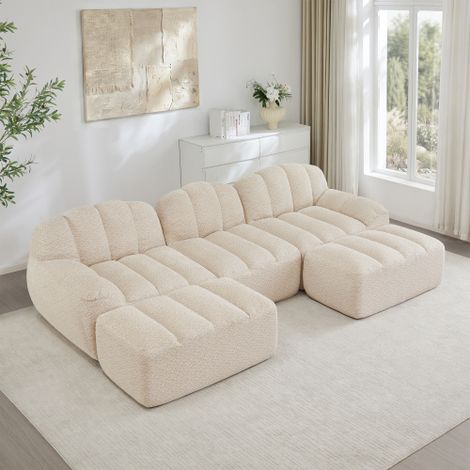 3-Sitzer U-förmiges Modulares Sofa mit 2 Ottomans, Boneless Sofa aus 32D Hochdichtschaum, tiefe Sitzfläche, ideal für Wohnzimmer, weicher Stoff,Beige Weiß
WL