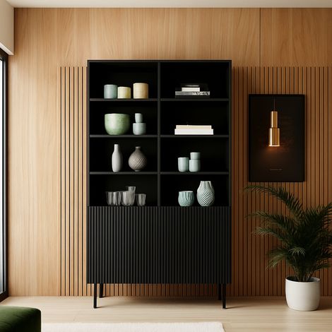 Librería Ghilarza, estantería con compartimentos abiertos y dos puertas, elevada del suelo, 100x42 h177 cm, color negro (1/4)