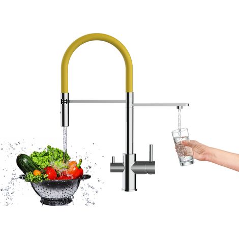Robinet de Cuisine Mitigeur 3 voies chrome robinet bec jaune orientable et douchette 2 jets detachable VIZIO (1/5)