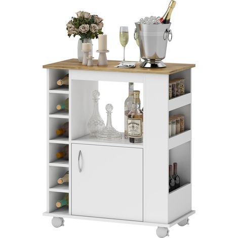 Carrito de cocina con armario y estantes ajustables, ruedas giratorias y freno, 75 x 39,5 x 88 cm, blanco. (1/5)