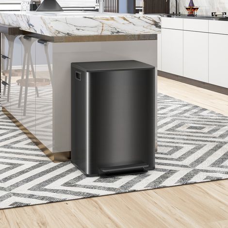Poubelle de cuisine 2 compartiments de 2 x 30L, acier inoxydable, couvercle à fermeture douce, 47,7x37,5x66,8cm, noir