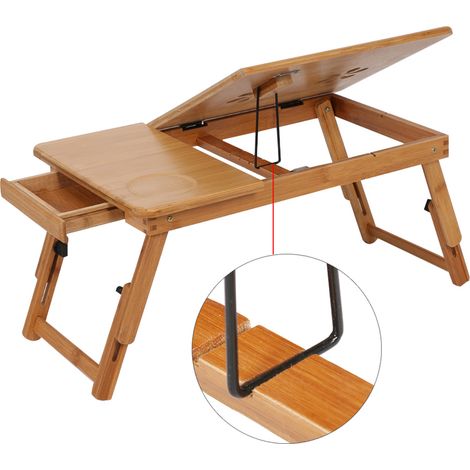 Support de lit pliable et portable en bambou pour ordinateur portable, table de chevet réglable avec tiroir (1/5)