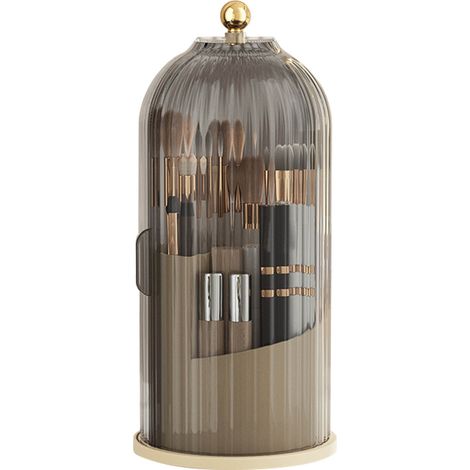 Coffret de rangement pour cosmétiques transparent, boîte à maquillage rotative avec porte coulissante, couvercle noir, présentoir à pinceaux (1/5)