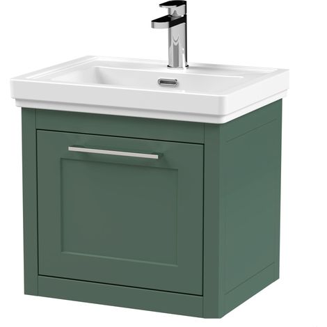 Blithbury Traditional Bathroom Wall Hung 1 Drawer Vanity Unit and 1 Tap Hole Fireclay Basin, 500mm, Matt Green (1/5)