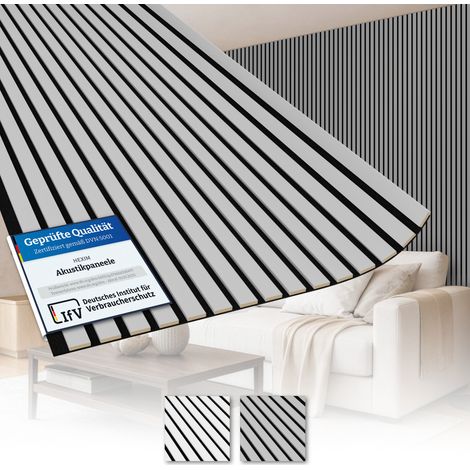 AKUSTIKO Lamella Akustikpaneele 280x60cm - Weiß & Grau, flexible Filz MDF Wandpaneele fugenlos - überlappende Holz Lamellenwand: Smooth Grey, 2 Paneele - 3.36m²