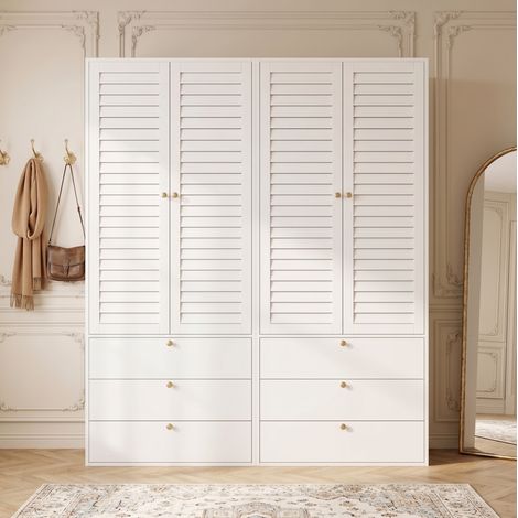 Armadio 4 ante a lamelle, 6 cassetti e 2 vani appendiabiti, 180 x 50 x 200 cm, bianco DESVIAE (1/5)
