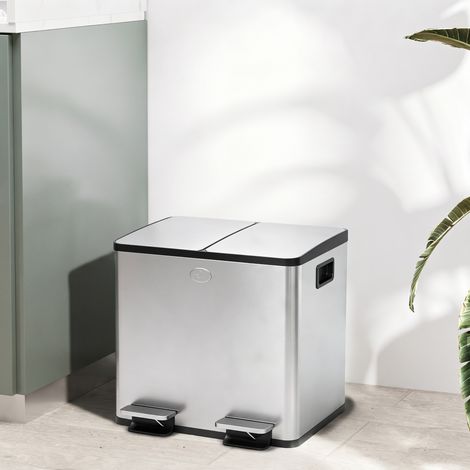 Poubelle de cuisine en acier inoxydable à 2 compartiments (2 x 15 L), pédale, couvercles à fermeture douce et seau amovible, argentée (1/5)