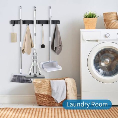 Porte-balai - Acier Inoxydable - 4 Crochets 3 Plateaux - Pour Cuisine Salle De Bain Garage - Lot De 1 (1/5)