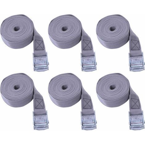 Sangle a cliquet Lot de 6, Sangle Bagage polypropylène, Sangles d'arrimage, Utilisé pour Voiture, Moto, Kayak, reglable, Frottement résistant à l'usure, Pas Facile à corroder (Gris, 25mmX2m) (1/5)