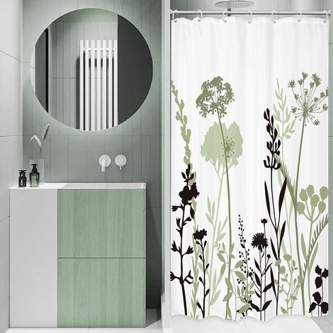 Petit rideau de douche en tissu imperméable avec 7 crochets en plastique, motif floral vert sauge, 91,4 x 183 cm (l x H) (1/5)