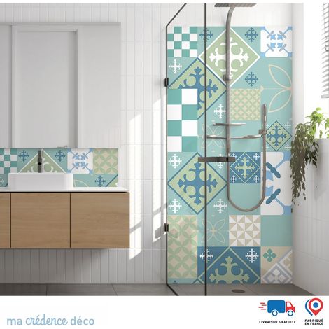Panneau de douche : Carreaux ciment patchwork 3 - Couleur Vert pastel - Alu composite - 90 - 245 (1/3)