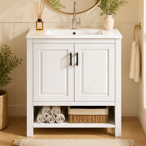 Meuble lavabo autoportant blanc laqué 76,5x47x83cm avec vasque céramique intégrée armoire double porte rangements variés et étagères ouvertes (1/5)