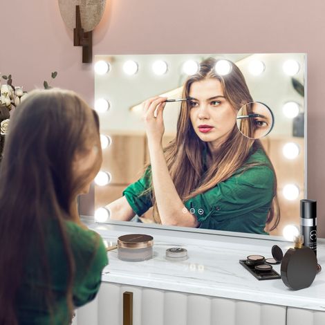 Miroir de maquillage LED blanc 58x48cm, 3 modes d'éclairage, gradation tactile, rechargeable via USB (1/5)