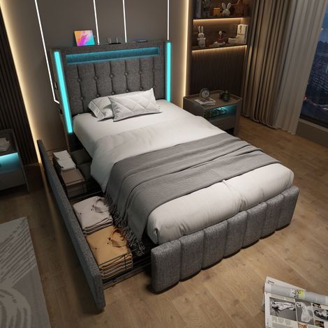Bett Einzelbett Stauraum LED USB 90x200 Grau OKMYHOME