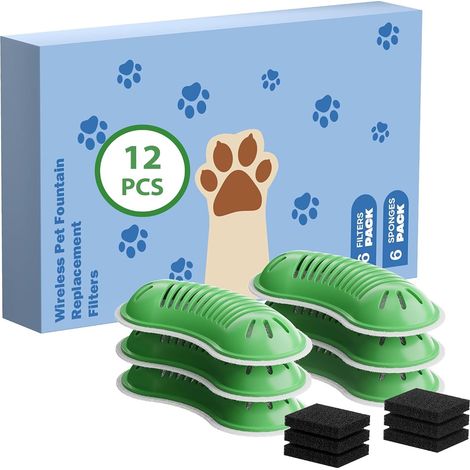 Lot de 12 Filtres Fontaine Chat GOOIFUN 2, 6L Vert, 6 Charbon + 6 Éponges, Multi-Filtration, 3-5 Mois