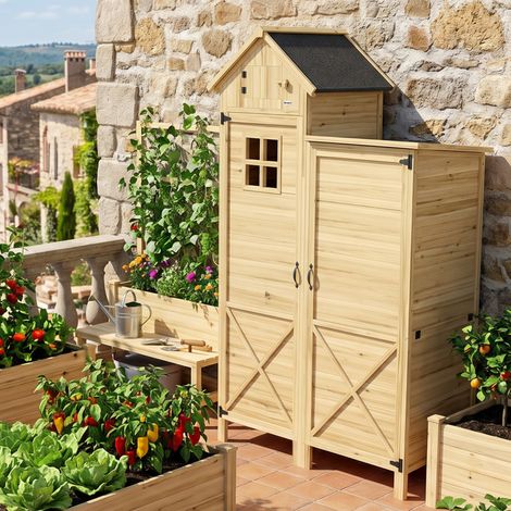 Armoire de Jardin en Bois Abri de Jardin Toit en Asphalte Double Zone et Étagères Amovibles 106x57x167cm Naturel (1/5)
