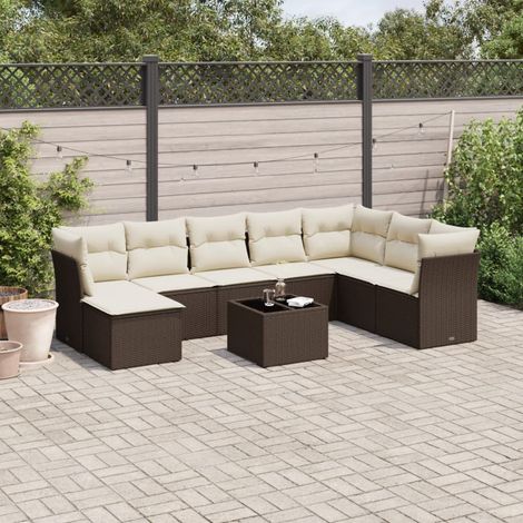 Set de sofás de jardín 9 pzas y cojines ratán sintético marrón vidaXL (1/3)