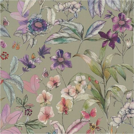 Blumen Tapete Profhome 791873 heißgeprägte Vliestapete leicht strukturiert mit floralen Ornamenten matt grün grau-oliv violett creme-weiß 5,33 m2