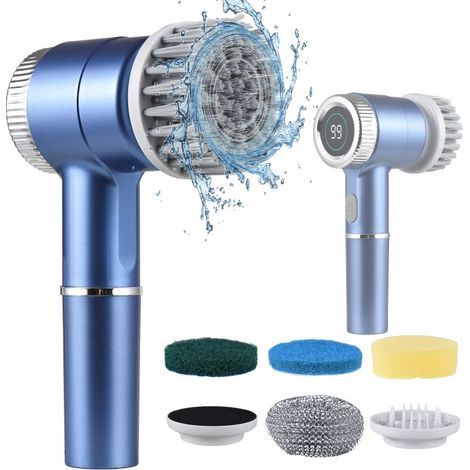Kit de brosses de nettoyage électriques portables – Sans fil, étanche – 3 vitesses, affichage numérique, 5 têtes – Pour murs, sols, carrelage, cuisine, chaussures (1/5)
