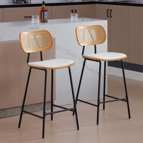 Wahson 2er Set Küchenhocker PU Leder, Rattan Tresenhocker mit Lehne Modern mit Metallbeine Fußstütze für Küche Hausbar Esszimmer, Weiß