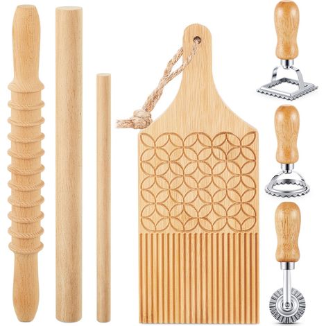 Ensemble de 7 ustensiles pour la fabrication de pâtes, comprenant un plat en bois pour tamagoyaki, un appareil à raviolis et un rouleau à pâtisserie, pour réaliser des tamagoyaki maison. (1/5)