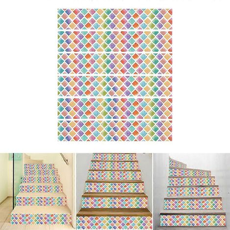 Lot de 6 stickers muraux colorés carrés pour sols et escaliers, imperméables, pour la décoration de salle de bain et cuisine. Papier peint artistique. (1/4)